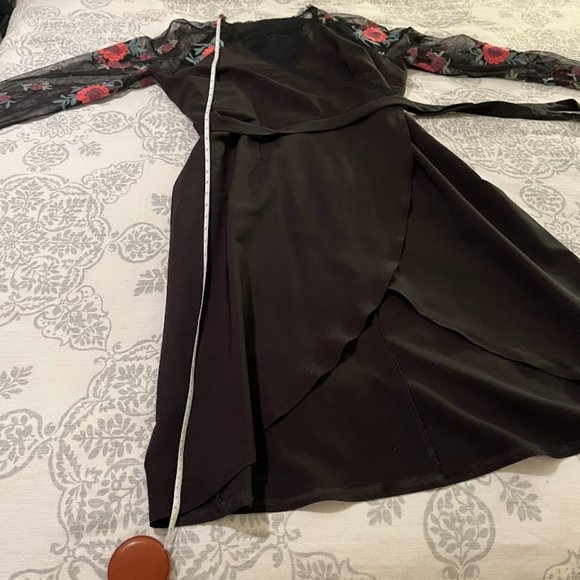 Little Mistress Plus Wrapover Pencil Dress With Embroidered Sleeve Detail - Picture 7 of 8